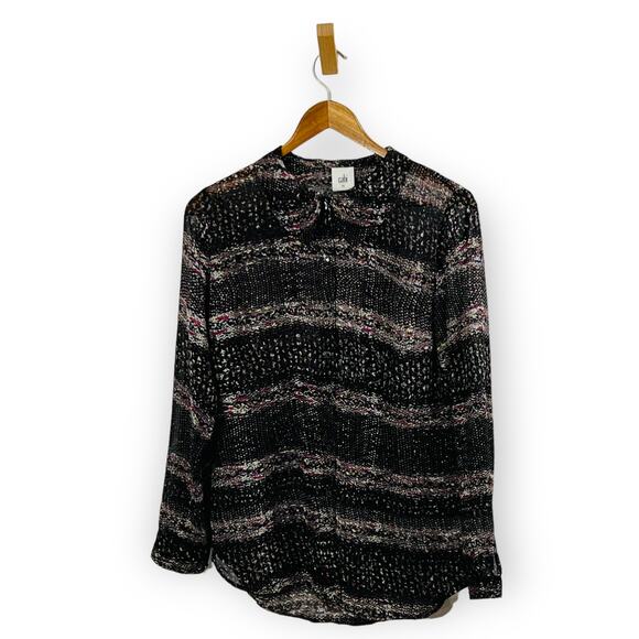 CAbi Sheer Chiffon Blouse XS Black Calligraphy Print Button Top Artsy Parisian - Picture 3 of 10